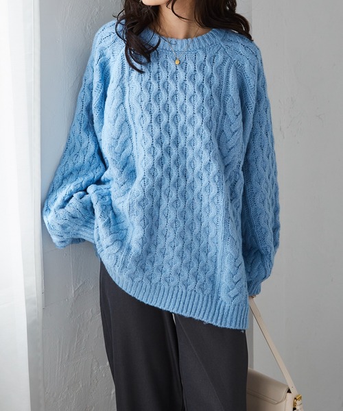 【nana】ケーブルニット コットン ショートスリーブ ブルー XS FREAK'S STORE ニット セーター 透かし編み ケーブルニット