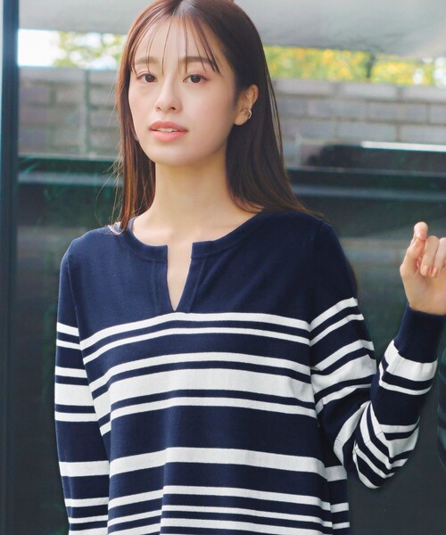 Tiaclasse ニット セーター 「洗える」キーネックボーダーニット