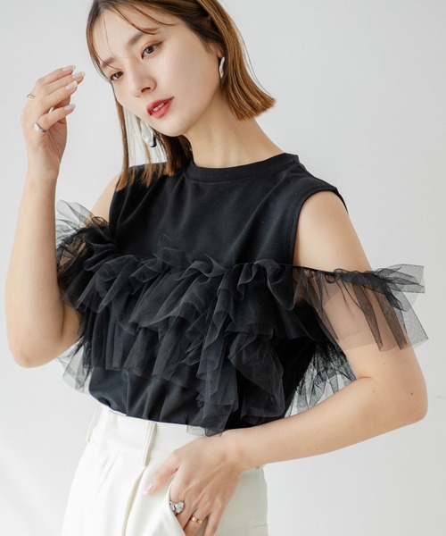 tシャツ 3WAYチュールレイヤードカットソー レディース rectangle tシャツ 3WAYチュールドッキングカットソー