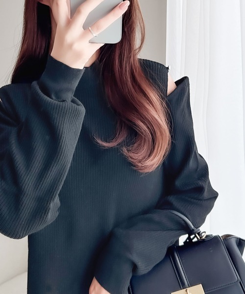 MEER. メーア ホルターネック リブニット トップ ブラック オープンショルダーリブニット｜ニット｜トップス｜MIIA（ミーア