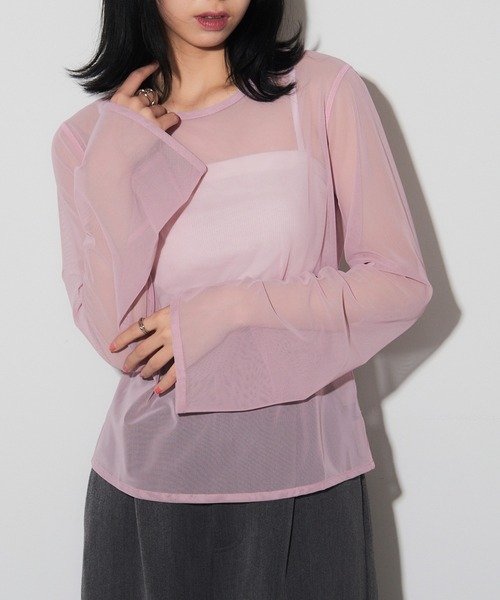 mame　24ss メッシュ　フレア　トップス　ピンク tシャツ 「SIMONE WILD」MESH EASY LS メッシュフレアロングスリーブ