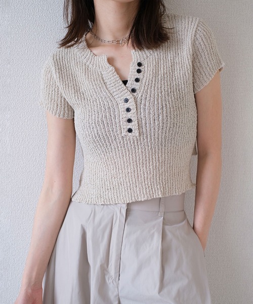 ニット セーター サイドリボンコンパクトニット／side ribbon compact knit 半袖 クルーネック バックオープン 肌見せ メランジ Reurie' ニット セーター 「SNSで話題！」サイドリボン
