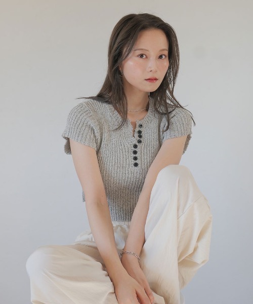 ニット セーター サイドリボンコンパクトニット／side ribbon compact knit 半袖 クルーネック バックオープン 肌見せ メランジ