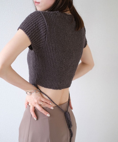 ニット セーター サイドリボンコンパクトニット／side ribbon compact knit 半袖 クルーネック バックオープン 肌見せ メランジ Reurie' ニット セーター 「SNSで話題！」サイドリボン