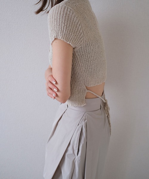 ニット セーター サイドリボンコンパクトニット／side ribbon compact knit 半袖 クルーネック バックオープン 肌見せ メランジ セール】サイドリボンコンパクトニット／side ribbon compact