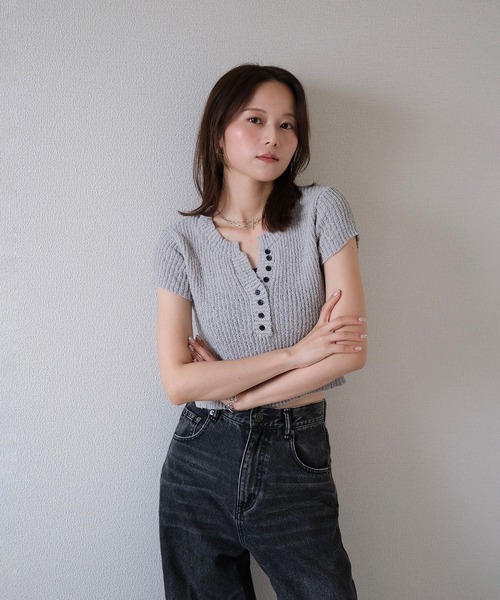ニット セーター サイドリボンコンパクトニット／side ribbon compact knit 半袖 クルーネック バックオープン 肌見せ メランジ Reurie' ニット セーター 「SNSで話題！」サイドリボン