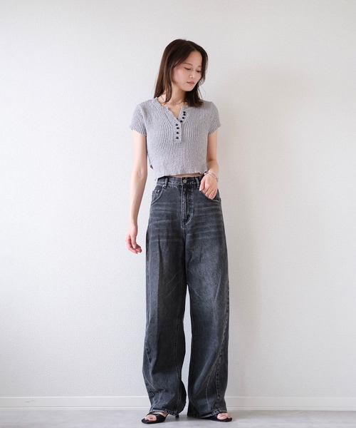 ニット セーター サイドリボンコンパクトニット／side ribbon compact knit 半袖 クルーネック バックオープン 肌見せ メランジ Reurie' ニット セーター 「SNSで話題！」サイドリボン