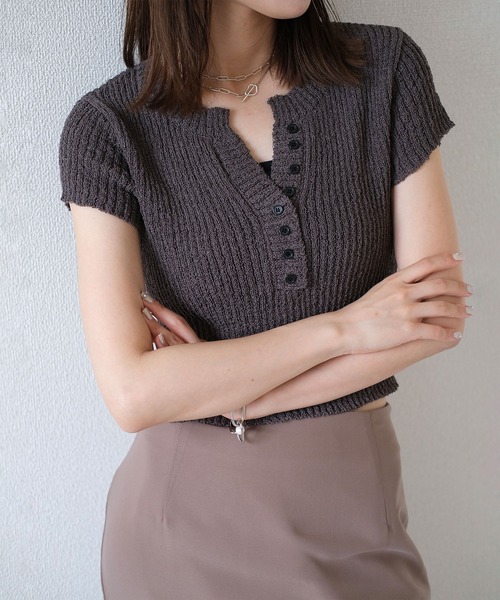 ニット セーター サイドリボンコンパクトニット／side ribbon compact knit 半袖 クルーネック バックオープン 肌見せ メランジ Reurie' ニット セーター 「SNSで話題！」サイドリボン
