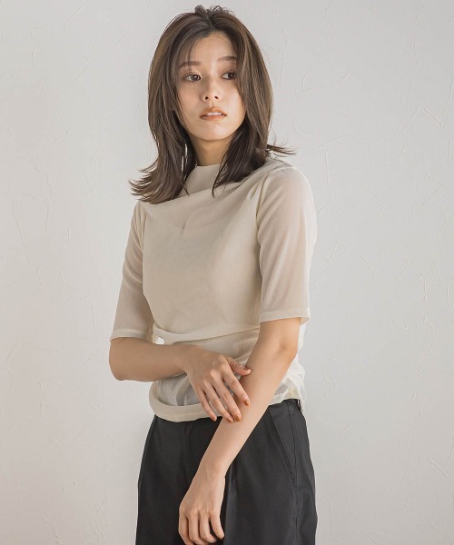 tシャツ シアーベロアドレープトップス「手洗い可能」 レディース shopnikoniko tシャツ シアートップス アームカバー付き