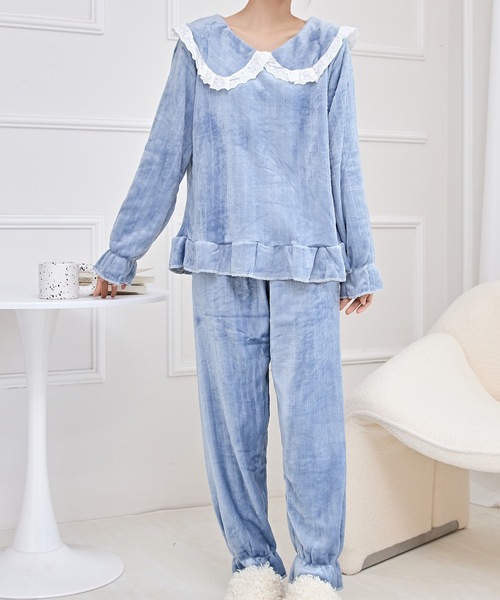★全2色★3点セット フリース ルームウェア パジャマ Lace Ladies パジャマ ルームウェア ビッグ フリルカラー