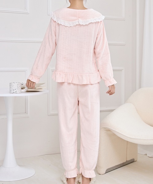 ★全2色★3点セット フリース ルームウェア パジャマ Lace Ladies パジャマ ルームウェア ビッグ フリルカラー