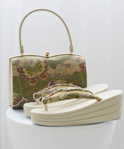 utatane 草履バッグ 金襴織 若草蝶々×クリーム レディース : ZOZOTOWN