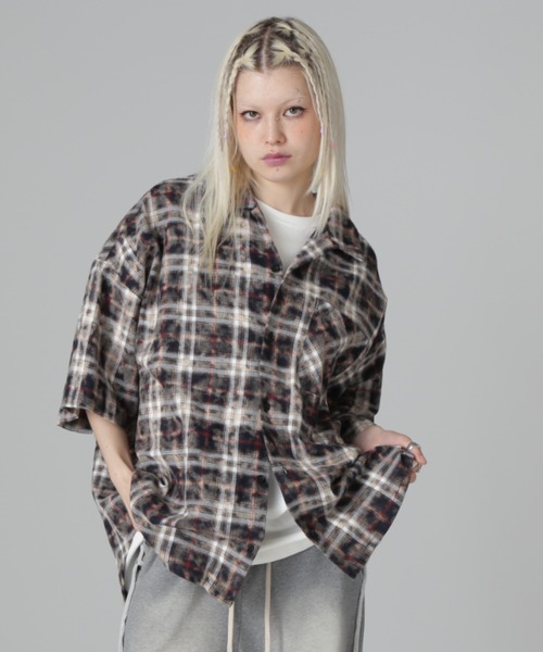 ブラウス シャツ 「WEB＆限定」DankeSchon/ダンケシェーン/BLEACH CHECK OPEN COLLER レディース メンズ