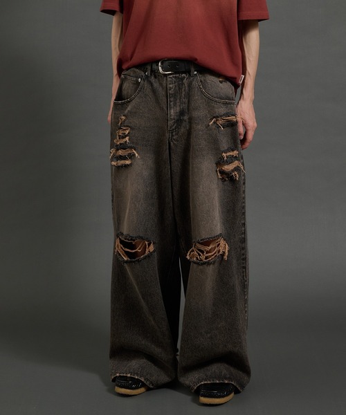 Perushu ジーンズ ヘビーウォッシュ クラッシュデニムパンツ メンズ