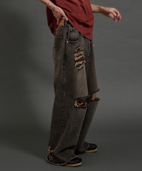 perushu ワイドデニムカーゴパンツ Perushu カーゴパンツ vintage like draw cord wide cargo pants