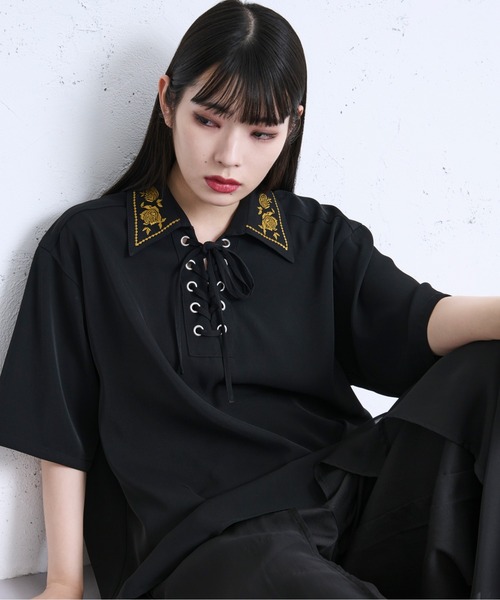 アンティークフランス アイレット花刺繍 スカラップリム リネンシャツ トップス Ellno Loset シャツ 「新色追加」レースアップフラワー刺繍