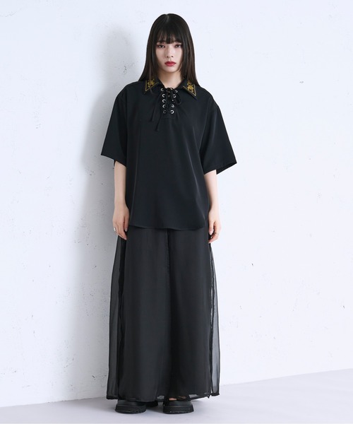 Ellno Loset シャツ 「新色追加」レースアップフラワー刺繍