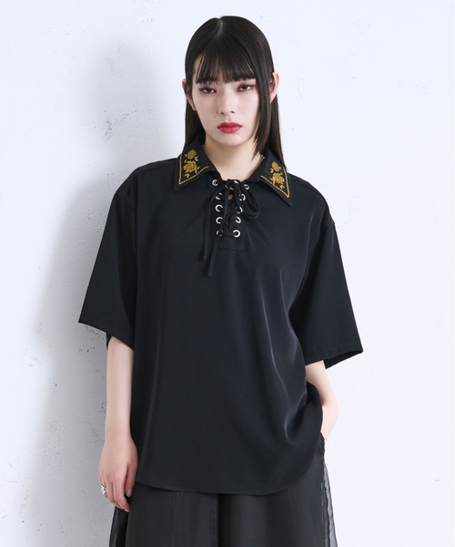 Ellno Loset シャツ 「新色追加」レースアップフラワー刺繍