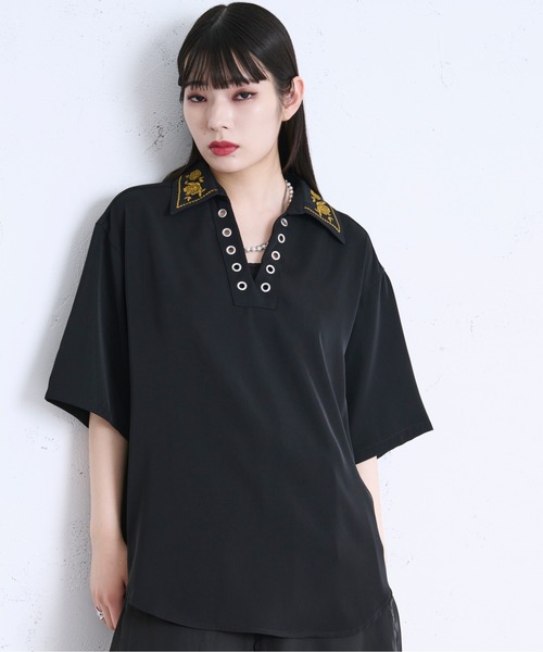 Lene 黒い刺繍の長袖シャツ　新品未使用　タグ付き　定価　14,800円＋税 Ellno Loset シャツ 「新色追加」レースアップフラワー刺繍
