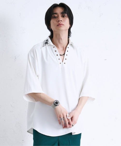 Ellno Loset シャツ レースアップフラワー刺繍シャツ メンズ