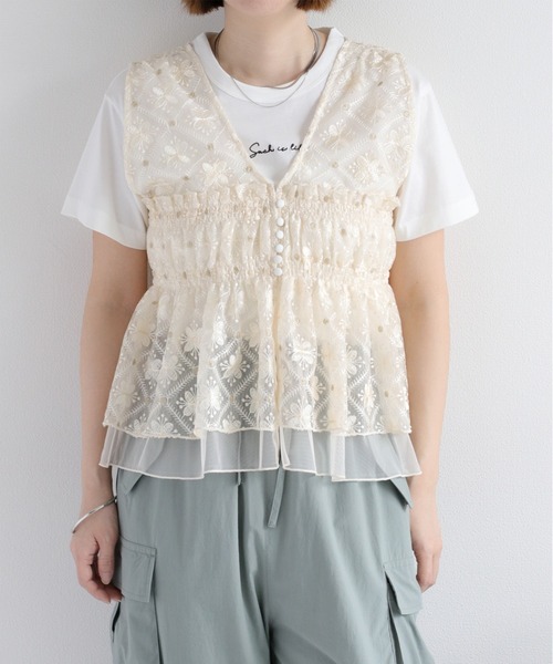 ブラウス シャツ テープ刺繍チュール前後2wayキャミソールビスチェ(セットアップ可) レディース cepo ブラウス シャツ チュールレース刺繍ビスチェ レディース