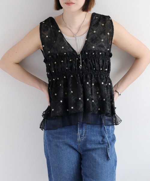 チュールスリーブビスチェブラウス cepo ブラウス シャツ チュールレース刺繍ビスチェ レディース