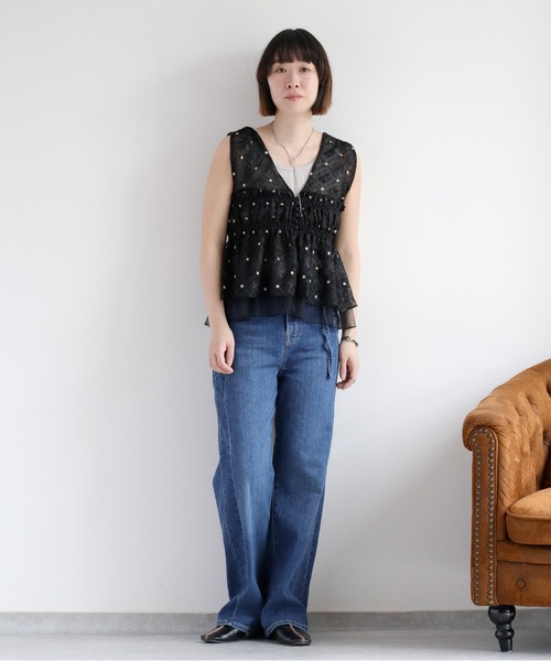 ブラウス シャツ テープ刺繍チュール前後2wayキャミソールビスチェ(セットアップ可) レディース cepo ブラウス シャツ チュールレース刺繍ビスチェ レディース