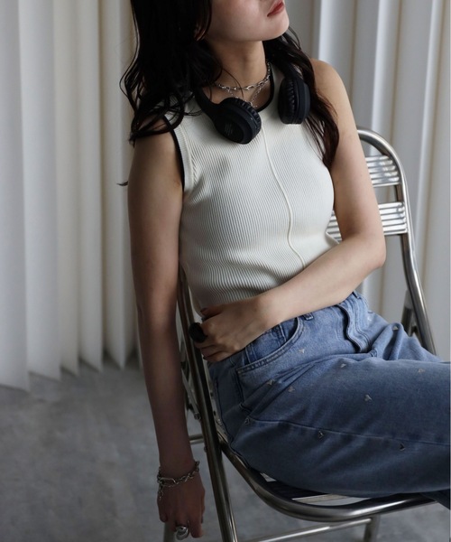 YENNA タンクトップ ノースリーブ 「リンガー配色ラインニットタンク