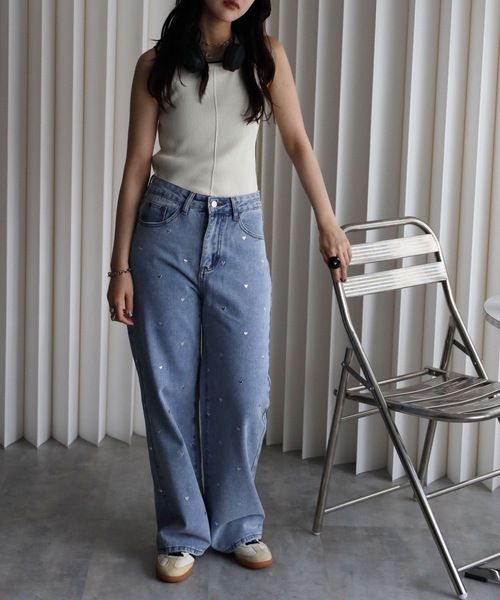 YENNA タンクトップ ノースリーブ 「リンガー配色ラインニットタンク