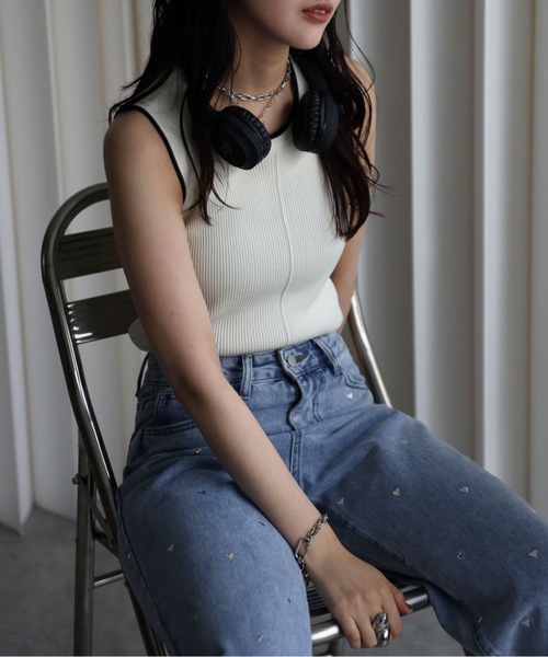 YENNA タンクトップ ノースリーブ 「リンガー配色ラインニットタンク