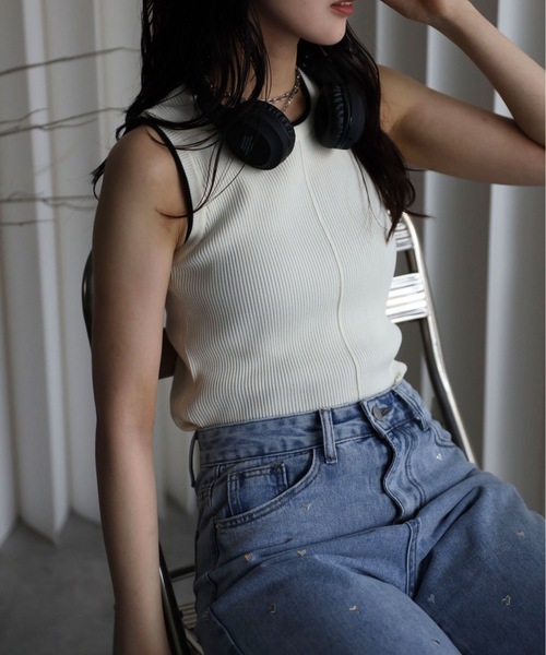 YENNA タンクトップ ノースリーブ 「リンガー配色ラインニットタンク