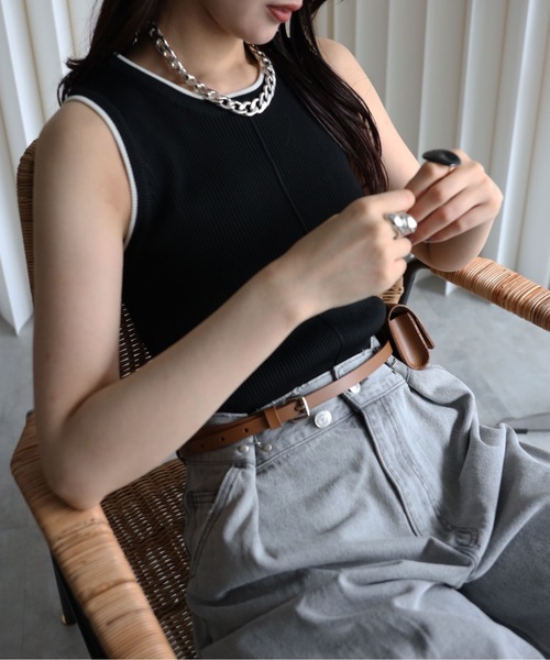 YENNA タンクトップ ノースリーブ 「リンガー配色ラインニットタンク