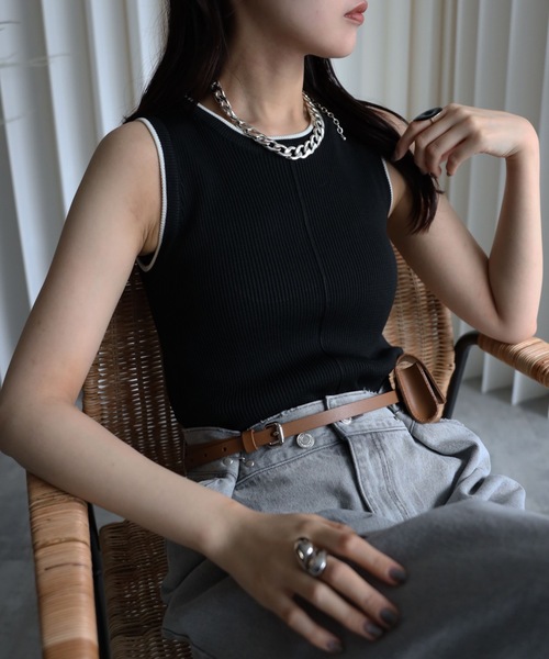 レディース ライン ノースリーブニット サイドバイカラーラインノースリーブニットトップス [N1100