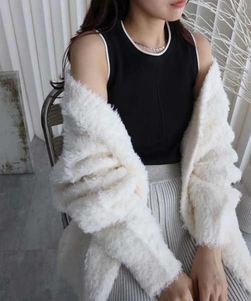YENNA タンクトップ ノースリーブ 「リンガー配色ラインニットタンク