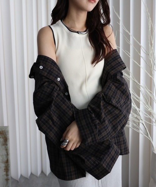 YENNA タンクトップ ノースリーブ 「リンガー配色ラインニットタンク