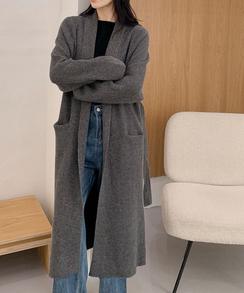 LOWO カーディガン ロング ニットカーディガン リボンベルト付き