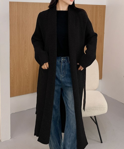 LOWO カーディガン ロング ニットカーディガン リボンベルト付き