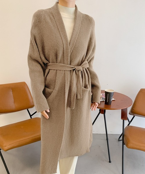 LOWO カーディガン ロング ニットカーディガン リボンベルト付き