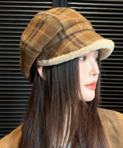 帽子 キャスケット チェック柄もこもこキャスケット レディース