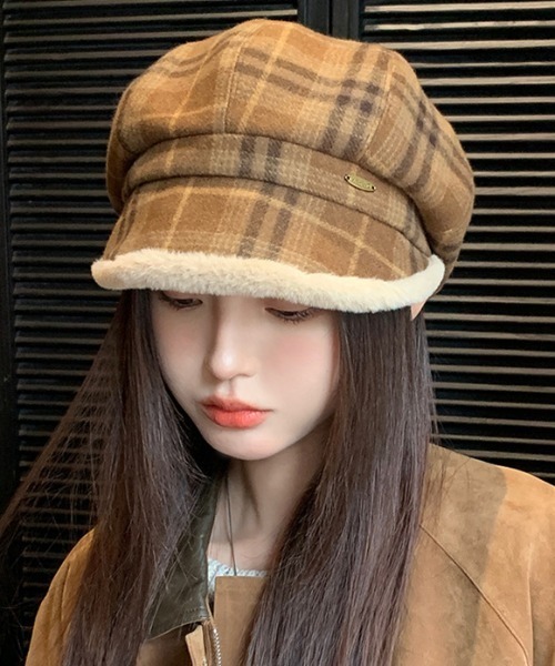 帽子 キャスケット チェック柄もこもこキャスケット レディース