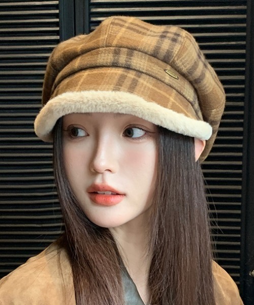 帽子 キャスケット チェック柄もこもこキャスケット レディース
