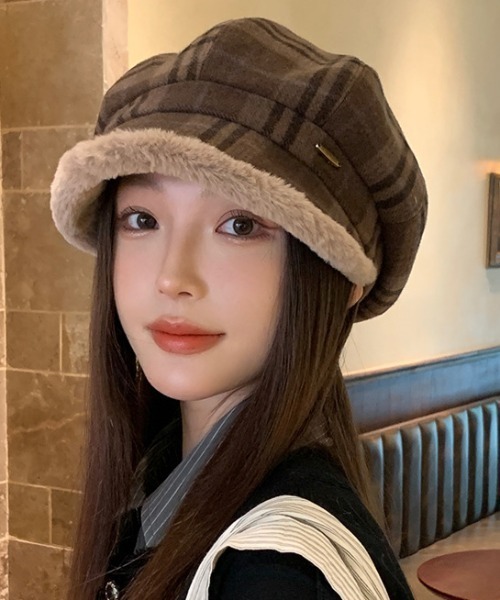 帽子 キャスケット チェック柄もこもこキャスケット レディース