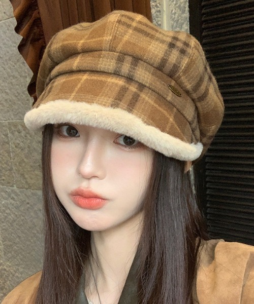 帽子 キャスケット チェック柄もこもこキャスケット レディース