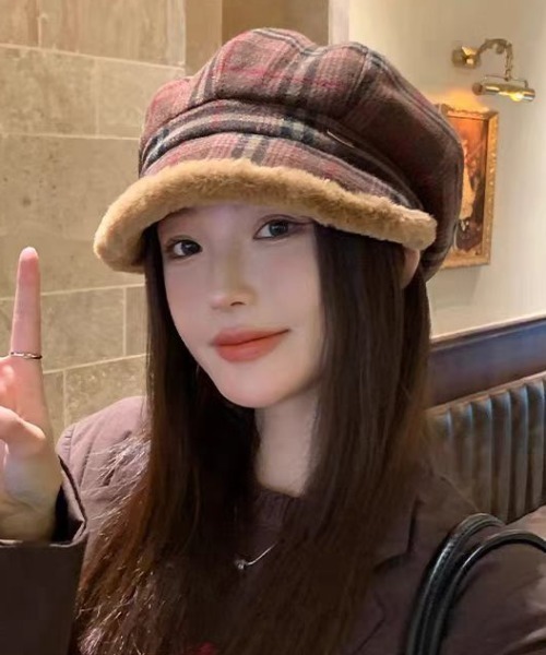 帽子 キャスケット チェック柄もこもこキャスケット レディース