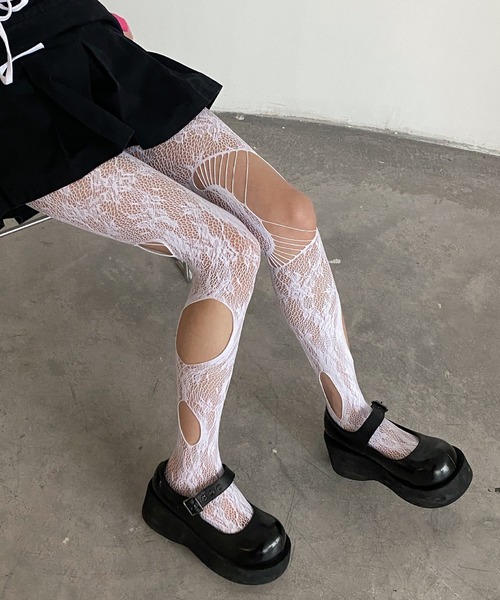 c.u.l タイツ ダメージ 穴あき 花柄レース タイツ ストッキング