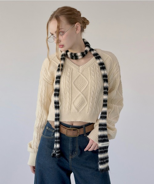 hazyl ニット セーター V-neck cable knit / Vネックケーブルニット