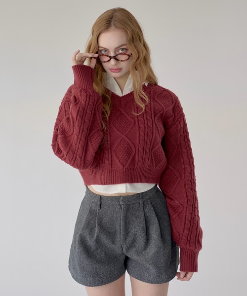hazyl ニット セーター V-neck cable knit / Vネックケーブルニット