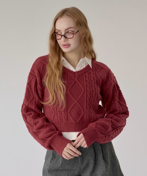 hazyl ニット セーター V-neck cable knit / Vネックケーブルニット