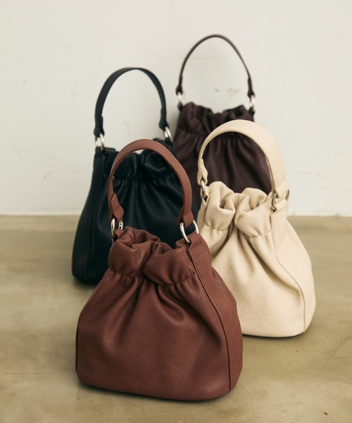 巾着バッグ　ショルダーバッグ　ハンドバッグ　ブラウン 倉敷帆布 巾着ショルダーバッグ バイカラー サコッシュ 2way 巾着