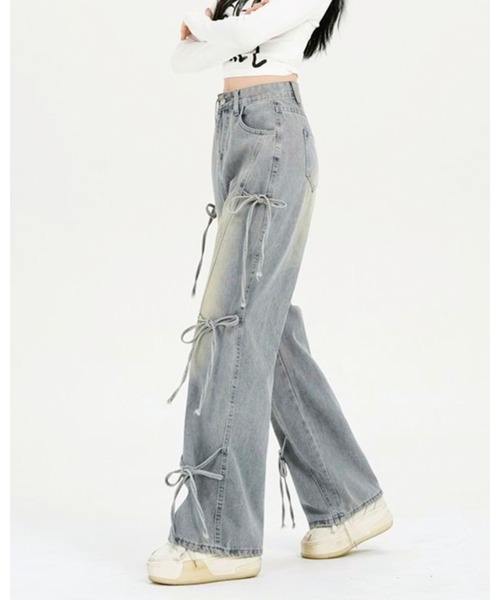 inst.ALL ワイドパンツ ジーンズ デニム デニムパンツ サイド3リボン